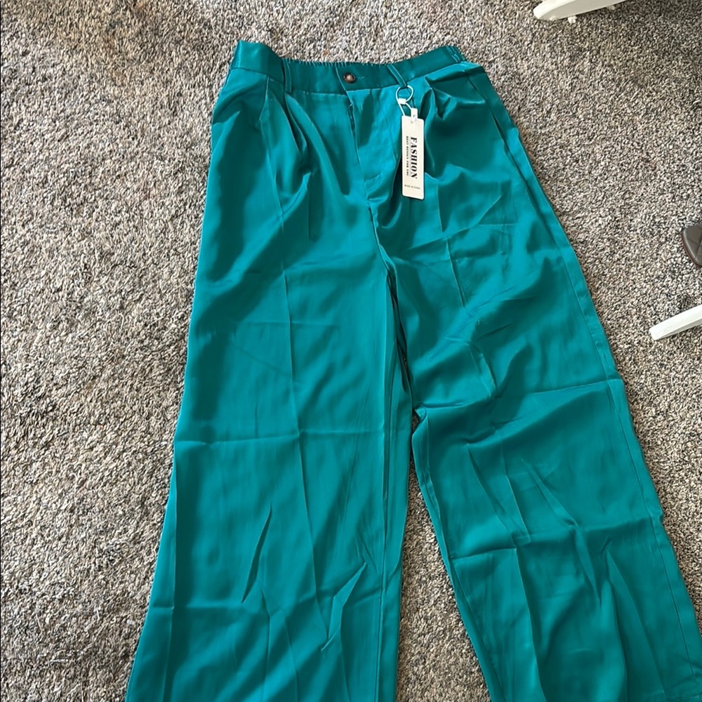 Teal silk wide leg Trousers - Picture 3 of 5